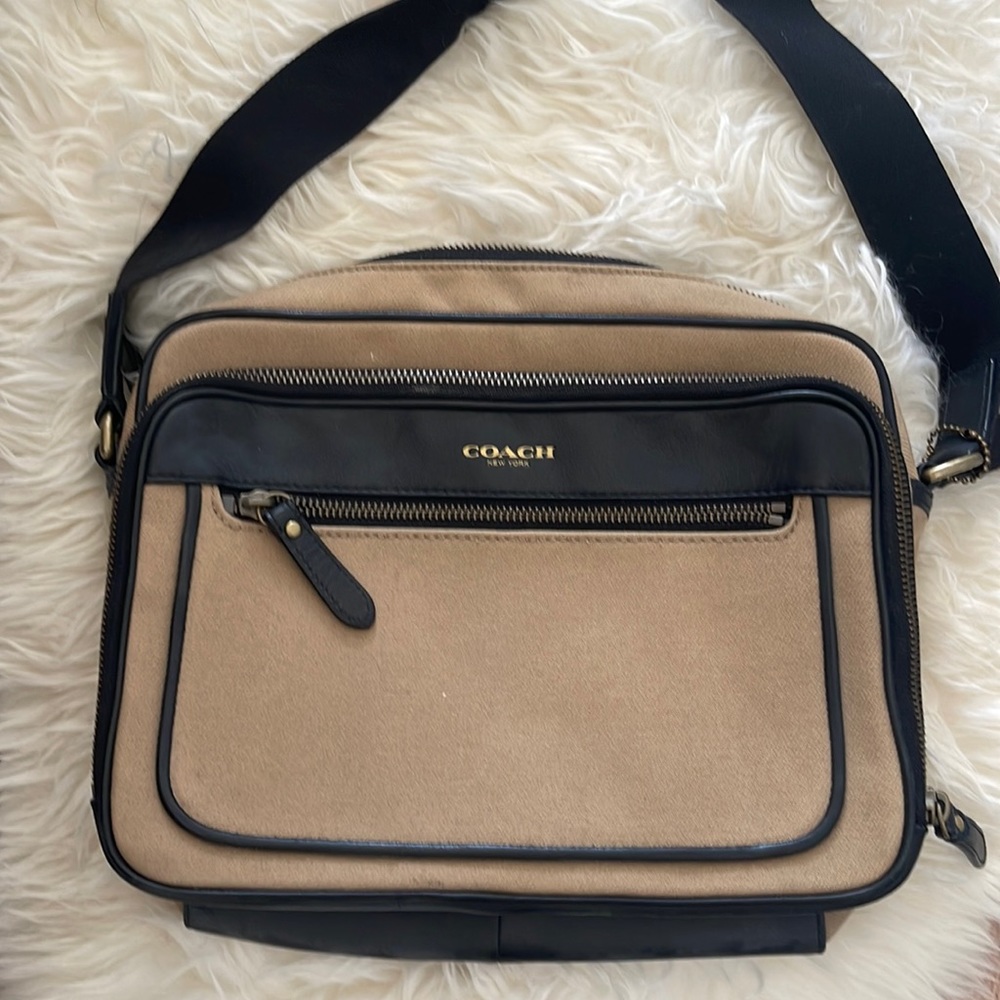Coach tan canvas and black leather messenger bag